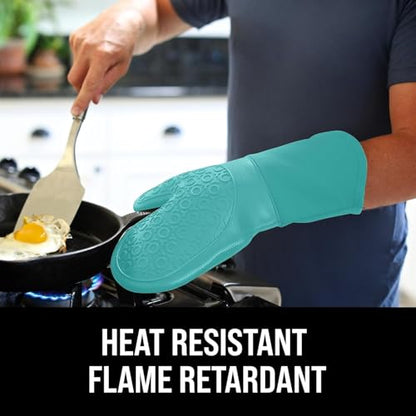 BPA-Free Soft Silicone Oven Mitts - Ultra Heat Resistant Oven Mitts with Thick Cotton Liner - Long Slip Resistant Pot Holders, Flexible Oven Gloves - Turquoise 13.7" - color: Turquoise, size: 2-Piece 13.7" Oven Mitts