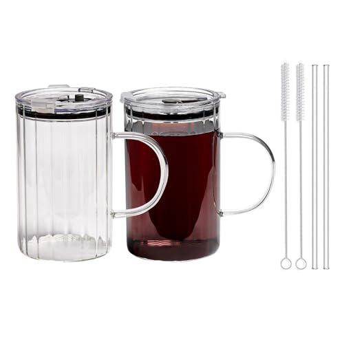 20oz Glass Tumblers with Lids and Straws - Stylish Vintage Ribbed Design for Iced Coffee, Juice, Smoothies, Milkshakes, Cold Beverages & Whiskey Cocktail Beer (Thick Inner Ridge) - color: Thick Inner Ridge