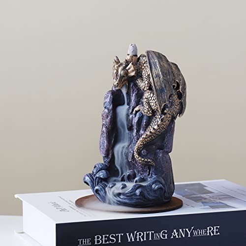 Dragon Backflow Incense Holder Waterfall Incense Burner, with 100 Backflow Incense Cones,1 Mat,1 Tweezers，Aromatherapy Ornamental for Home Office Yoga （Golden Dragon） - color: Golden
