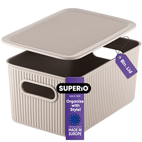 Superio Ribbed Collection - Decorative Plastic Basket Lidded Home Storage Bins Organizer, Medium Taupe (1 Pack - 5 Liter) Stackable Container Box, for Organizing Closet Storage Bins for Shelves - size: 1 Pack
