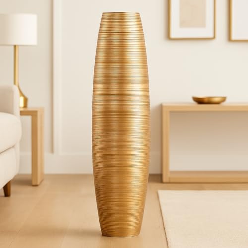 Leewadee Large Floor Vase 34 inches Mango Wood for Pampas Grass, Dried Flowers | Decorative Vase for Living Room, for Branches & Dried Herbs. Stronger than ceramic, without water. Bohemian - color: Gold, size: 34 inches