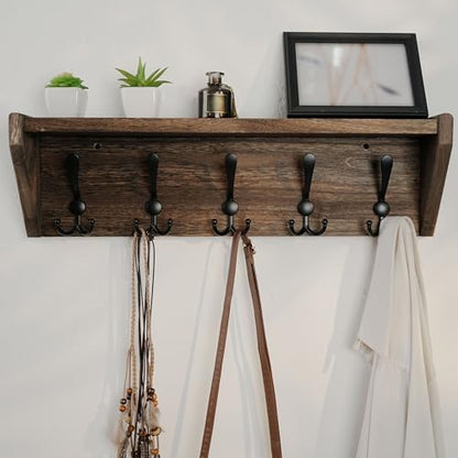 WEBI Coat Rack Wall Mount with Shelf,24" Long Wall Shelf with Hooks Underneath,5 Triple Hooks for Entryway,Hallway,Bedroom,Weathered Brown - color: Weathered Brown, size: 24 Inch
