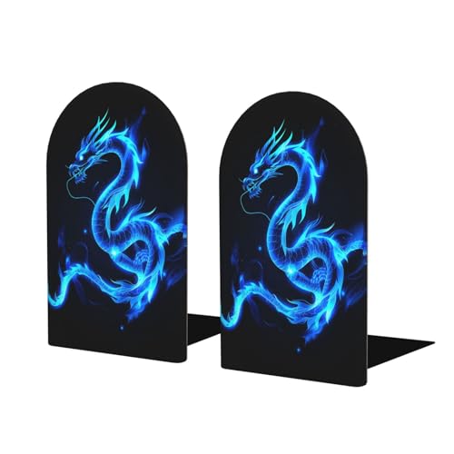 Blue Glowing Dragon Wooden Bookends for Shelves Decorative Book Ends Universal Book Organizer Holder for Office, Heavy Books, Vinyl Records - color: Blue Glowing Dragon