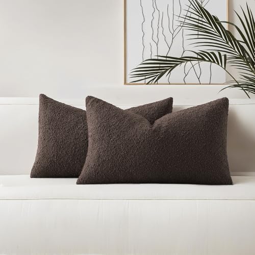 HAUSSY Pack of 2 Boucle Lumbar Throw Pillow Covers 12x20 Inch, Dark Coffee | Decorative Accent Solid Neutral Pillowcases, Machine Washable, Couch Bed Sofa Living Room Home Decor, No Insert - color: Dark Coffee, size: 20" x 12" (Pack of 2)