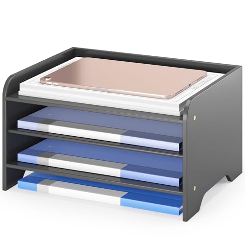 Bamboo File Organizer for Desk, Paper Tray with Pen Holder | Open tiers and a pen holder sort Letter/A4 paper, folders and office supplies while keeping your workspace clutter-free - color: Black, size: 4 Tier