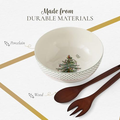 Spode Christmas Tree Polka Dot Serving Bowl & Wooden Servers - Set of 3 | Hand Painted Earthenware 10" Salad Bowl & Acacia Wood Servers for Pasta, Salads, Side Dishes & Holiday Entertaining
