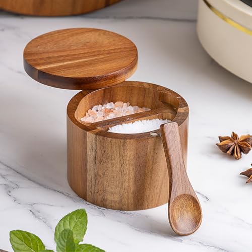 Salt Container with Spoon 2 Compartment 3.5x2.8 Inch Wooden Cellar with Magnetic Swivel Lid Spice Box for Kitchen, Salt Box