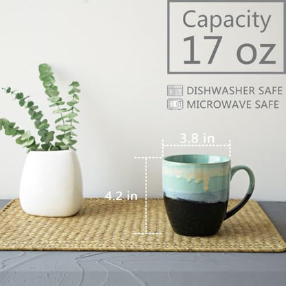 Bosmarlin Ceramic Coffee Mug Set of 4, 17 Oz, Coffee Cups with Big Handle, Microwave Safe, Unique Reactive Glaze(17 Oz, Pastel Blue) - color: Mint Drip