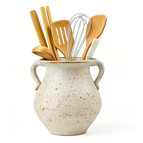 Rustic Kitchen Utensil Holder for Countertop, 7.6x4.9In Large Ceramic Cooking Utensil Crocks for Countertop, with Non-slip Pads, Morden Farmhouse Vintage Kitchen Counter Decor