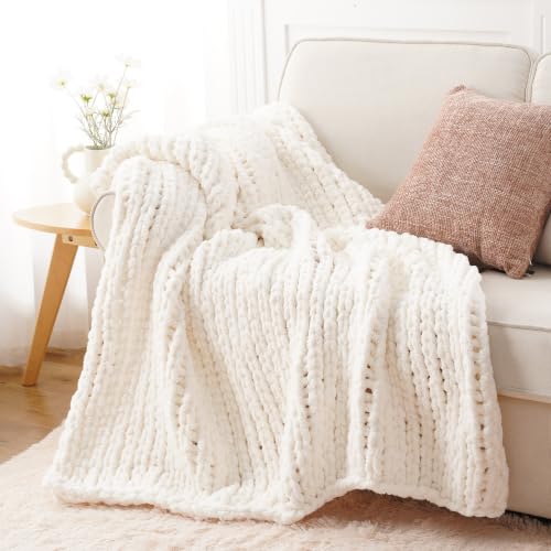 Chunky Knit Throw Blanket for Couch, White Knit Throw Blanket, 50"x60" | Handmade Cable Knit Crochet Blanket, Soft Thick Knot Knitted Throw Blankets for Bed Sofa ,Cream Neutral Blanket Throw - color: Cream