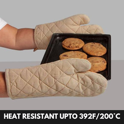Oven Mitt (7"x13") & Pot Holder (8"x8") 100% Cotton Set of Heat Resistant Oven Gloves & Hot Pads for Gifts, BBQ, Cooking, Baking, Thanksgiving - Beige - color: Beige