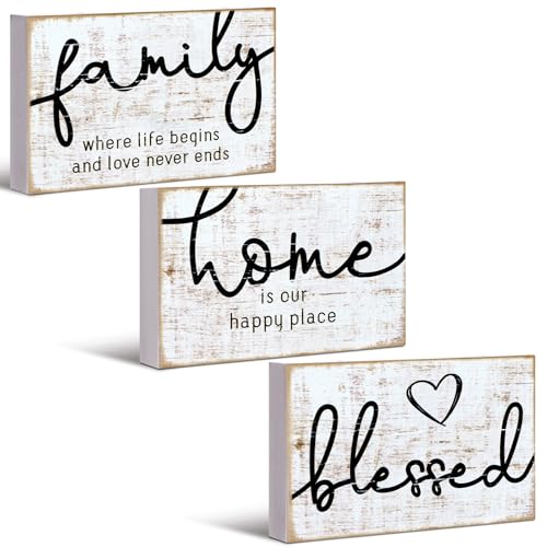 Jetec 3 Pcs Wooden Family Sign Rustic Blessed Home Wall Art Mini Wood Wall Decor Farmhouse Table Shelves Decoration Sign for Bedroom Kitchen Living Room Table Decor (Retro Color,7 x5 x 0.59 in) - color: Retro Color, size: 7 x 5 x 0.59 in