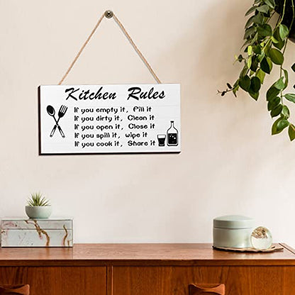 2 Pcs Kitchen Rules Wall Decor Farmhouse Kitchen Sign Wooden Dining Room Decor Black and White Hanging for Rustic Modern Bathroom