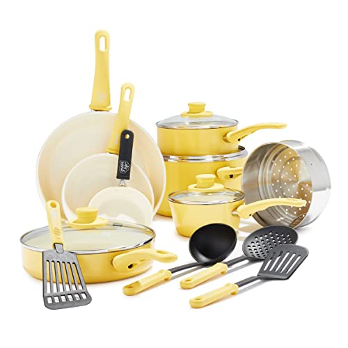 GreenLife 16 Piece Ceramic Nonstick Pots & Pans Cookware Set, Yellow | PFAS-Free Nonstick Coating, Stockpot, Frying Pans, Saucepans, Sauté Pan, Stay-Cool Handles, Dishwasher & Oven Safe up to 350F - color: Yellow, style: Soft Grip