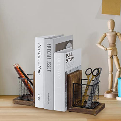 MyGift Book Ends for Desk, Decorative Farmhouse Bookends for Heavy Books with Pen Holders, Office Supplies Storage Baskets, Rustic Burnt Wood and Matte Black Metal Wire Basket, 1-Pair