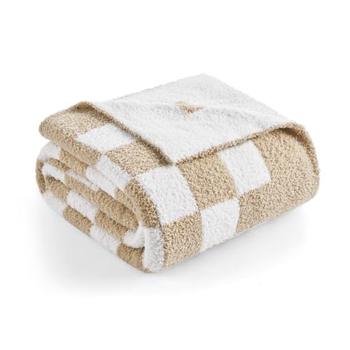 Snuggle Sac Checkered Bedding Blanket Twin Size 60x80, Super Soft, Cozy Warm Knit Blankets, Reversible Breathable Lightweight Fluffy Throws for Sofa, Bed, Checkered Beige, 60x80 Inches - color: Checkered Beige, size: Twin(60"x 80")