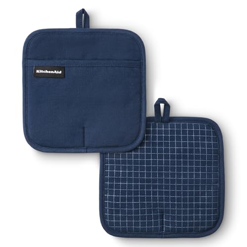 KITCHENAID Gourmet Series Gridlines Pot Holders 2-Pack Set, Heat Resistant up to 600°F, Soft Silicone Grip, Magnetic Cuff, Ink Blue, 8"x8" - color: Ink Blue