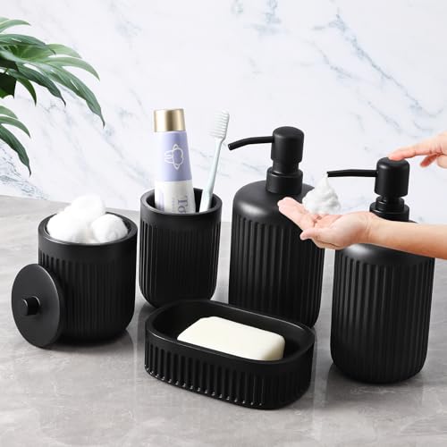 XLHOMO Black Resin Bathroom Accessories Set 5 Pcs, Bathroom Accessory Set Includes Foaming Soap Dispenser, Lotion Soap Dispenser, Toothbrush Holder, Qtip Holder, Soap Dish, for Modern Home Apartment - color: Black, size: Resin Bath Set-Foam
