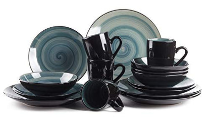 HomeVss Sonoma 16 Piece Stoneware Dinner Set, Outside Black + inside Handpainted Color Blue - color: Blue
