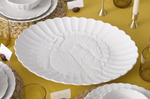 Lenox French Perle White Stoneware Turkey Thanksgiving Serving Platter | Dishwasher safe, microwave safe, carved design | serving dish, holiday hosting centerpiece | 1.75 in, Christmas kitchen decor - style: Casual