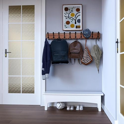 SKOLOO Rustic Coat Rack Wall Mount, 10 Hooks, 38.6'' Long, Solid Wood,Brown | Rustic finish, 100 lb capacity, entryway bedroom mudroom, wall mount, 16" stud spacing, hardware included, rustproof hooks - color: Brown Plate & Black Hook, size: 1 Item-10 Hoo