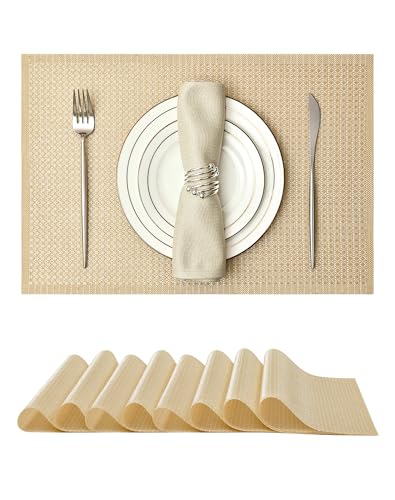 Leetaltree Woven Vinyl Placemats Set of 8, Gold Sequin | Waterproof & Washable Dining Table Mats for Wedding, Anniversary, Daily Use, Hand-Cut, Easy to Clean - color: 00- Gold Sequin, size: Set of 8