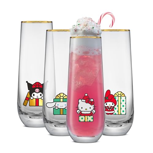 JoyJolt Hello Kitty and Friends Holiday Stemless Flutes, 9.5oz Drinking Glasses Set of 4, Kawaii Sanrio Hello Kitty Kitchen Glass Set Ideal for Water Juice Smoothies, Skinny Tall Glasses - style: Hello Kitty and Friends
