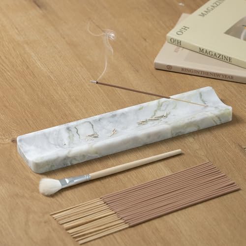 Marble Incense Holder Burner-Natural Stone Stick Incense Tray with Ash Catcher，20 Sticks & Brush - Elegant Decor for Meditation, Yoga, Home,Gift(White Green) - color: White Green