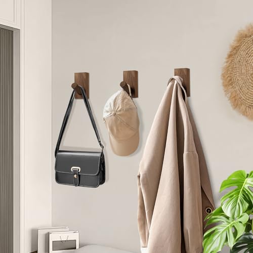 SIAMESE Wooden Wall Hooks, 4 Pcs Adhesive or Nail in Walnut Wood Coat Hooks Wall Mounted for Robe, Towel, Hat, Key, Bag, Clothes in Entryway, Bedroom or Closet (Walnut Wood)