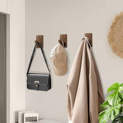 SIAMESE Wooden Wall Hooks, 4 Pcs Adhesive or Nail in Walnut Wood Coat Hooks Wall Mounted for Robe, Towel, Hat, Key, Bag, Clothes in Entryway, Bedroom or Closet (Walnut Wood)