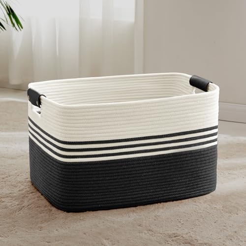 72L Large Woven Laundry Basket Hamper with Leather Handles,Black | collapsible wicker hamper, storage for dirty clothes, toys, blankets, gifts, living room, bedroom, bathroom, 22"x17"x12" - color: Black, size: 72L