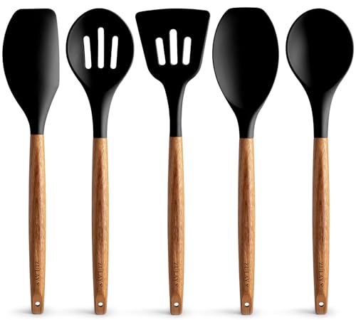 Zulay Kitchen 5 Piece Silicone Utensil Set | Non-Stick Silicone Cooking Utensils Set with Acacia Wood Handles - 464°F Heat Resistance Kitchen Utensils Set - Black - color: Black, size: 5-Piece Set