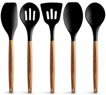 Zulay Kitchen 5 Piece Silicone Utensil Set | Non-Stick Silicone Cooking Utensils Set with Acacia Wood Handles - 464°F Heat Resistance Kitchen Utensils Set - Black - color: Black, size: 5-Piece Set
