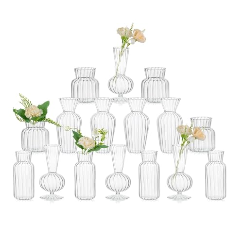 Glasseam Glass Bud Vases Bulk, 16 Pcs Small Clear Vases for Centerpieces | Assorted Handblown Ribbed Modern Decor, Wedding, Baby Showers, Dinner Party, Table Decoration, Flowers, Floral Arrangement - size: 16pcs