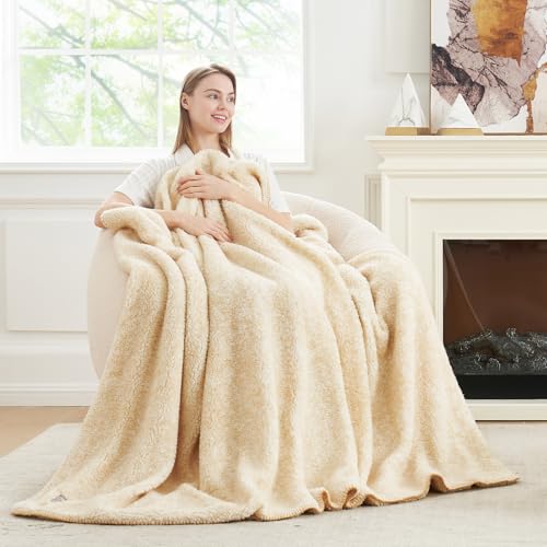Cozy Bliss Luxury Sherpa Throw Blanket for Couch, Premium Reversible Plush Thick Throw, Warm Cozy Soft Blanket for Home and Gifts (Mottled Beige, 60" x 80") - color: Mottled Beige, size: Twin(60" x 80")
