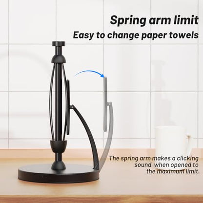 VEHHE Paper Towel Holder Countertop, One-Handed Tear, Stainless Steel, Stand Paper Towel Holder with Spring Activated Arm & Non Slip Weighted Base, for Kitchen Bathroom (Black) - color: Black, size: Eva Pad Base