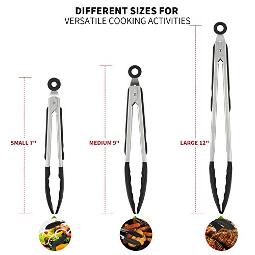 U-Taste 7+9+12 inch 600ºF Heat Resistant Silicone Kitchen Tong Set of 3 and 600ºF Heat Resistant 13.76" Long, 3.63" Wide Wok Spatula for Kitchen Stir Fry (Black)