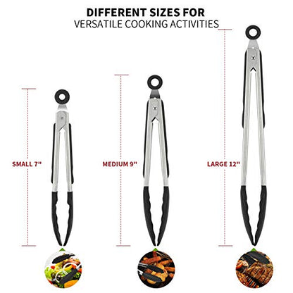 U-Taste 7+9+12 inch 600ºF Heat Resistant Silicone Kitchen Tong Set of 3 and 600ºF Heat Resistant 13.76" Long, 3.63" Wide Wok Spatula for Kitchen Stir Fry (Black)