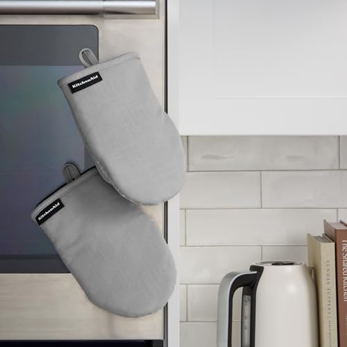 KITCHENAID Gourmet Series Gridlines Mini Oven Mitts 2-Pack Set, Heat Resistant up to 600°F, Soft Silicone Grip, Magnetic Cuff, Matte Grey, 5.5"x9" - color: Matte Grey