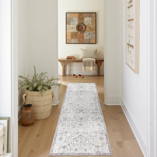 jinchan 2x7 Vintage Floral Rug, Washable Runner Rug, Grey | Distressed Floral Design, Soft Low Pile Surface, Non Slip, Easy Care, Pet Friendly, Entryway Kitchen Laundry Room Bathroom - color: Distressed Grey Multi, size: 2' x 7' (Rectangular)