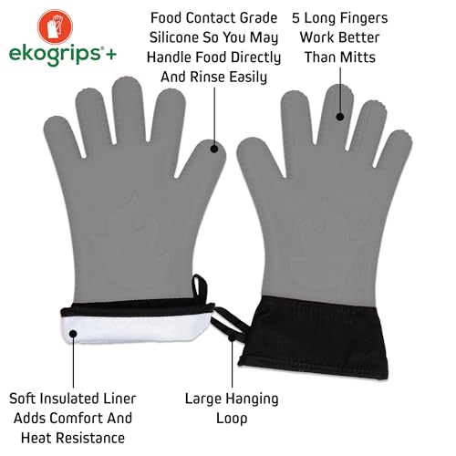 Ekogrips®+ Oven Gloves with Fingers, Comfy Waterproof Heat Resistant Grill Gloves -Long Cuff and Good Dexterity - color: Gray, size: L/XL