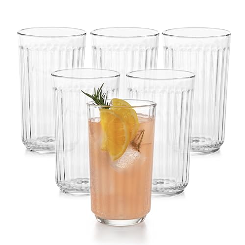 Libbey Paneled Highball Glasses Set of 6, 17 Oz Fine Ribbed Line Whiskey Glasses Set, Dishwasher Safe Highball Champagne Glasses for Juice, Iced Tea - color: Paneled Highball