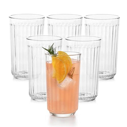 Libbey Paneled Highball Glasses Set of 6, 17 Oz Fine Ribbed Line Whiskey Glasses Set, Dishwasher Safe Highball Champagne Glasses for Juice, Iced Tea - color: Paneled Highball