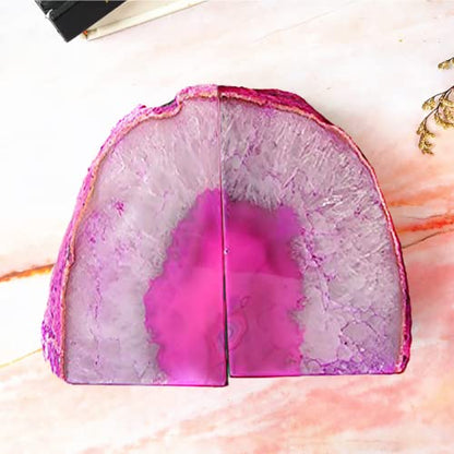 JIC Gem Pink Agate Geode Bookends Anti-Slip Rubber Bumpers 1 Pair 2-3 Lbs | Small Polished Dyed Pink Brazilian Agate Geode Bookends small Anti-Slip Crytal Holders for Bookshelf Desktop Home Office - color: Pink Dyed, size: 2-3LBS.