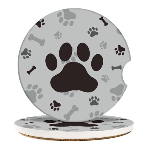 Car Coasters for Drinks, 2 Pcs Ceramic Stone 2.56" Dog Paw | Print Footprints Pet Absorbent Non-Scratch Cork Base Cupholder Auto Accessories for Women Men - color: Dog Footprints