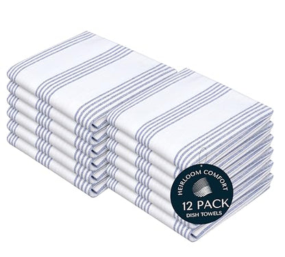 Indigo Blue Stripe Kitchen Towels, 12 Pack, 100% Cotton, Super Absorbent and Quick Dry, Multi Pin Striped Towel Set, Durable Dish Cloths for Kitchen Use, Cleaning & Drying Dishes - color: Indigo Blue, style: 12 Pack