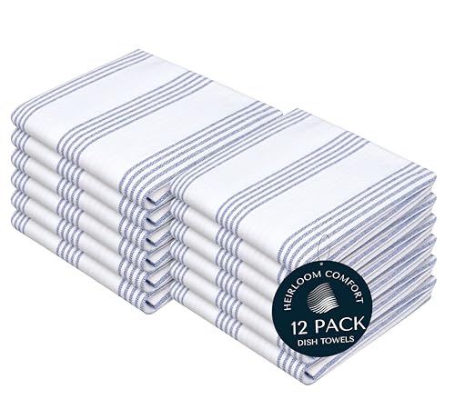 Indigo Blue Stripe Kitchen Towels, 12 Pack, 100% Cotton, Super Absorbent and Quick Dry, Multi Pin Striped Towel Set, Durable Dish Cloths for Kitchen Use, Cleaning & Drying Dishes - color: Indigo Blue, style: 12 Pack