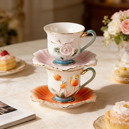 KAMMAK Tea Cups and Saucers Set of 2, Porcelain Coffee Cups, NX013 | Gold Rim, Stackable Espresso Mugs, Ceramic Demitasse for Coffee, Latte, Americano, Afternoon Tea, Elegant Gift for Women - size: 8CZNX013+14