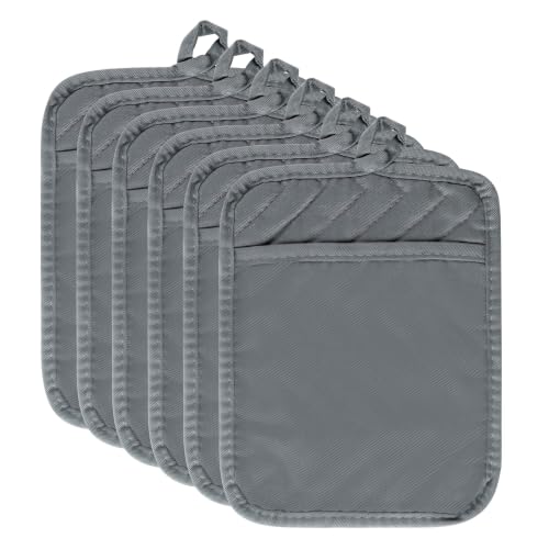R HORSE 6 Pack Gray Pot Holders with Pocket for Kitchen, 7''x 9'' | Cotton Potholders, Heat Resistant Oven Mitts, Non-slip Terry Cloth Trivet, Ideal for Baking, Cooking, Machine Wash - color: Gray