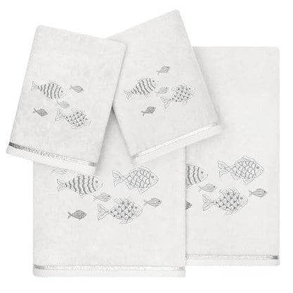 Treasure 4-Piece Premium Towel Set, Sparkling Applique Fish, Ultra Plush Turkish Cotton, Durable, Perfect for Bathroom, 2 Bath 2 Hand Towels, Silver - color: Silver, size: 2 Pcs Bath 2 Pcs Hand Towel